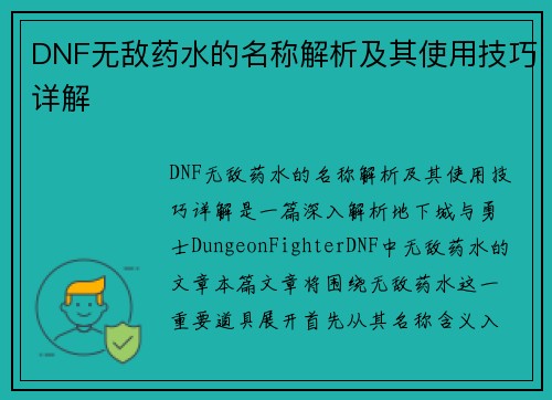 DNF无敌药水的名称解析及其使用技巧详解